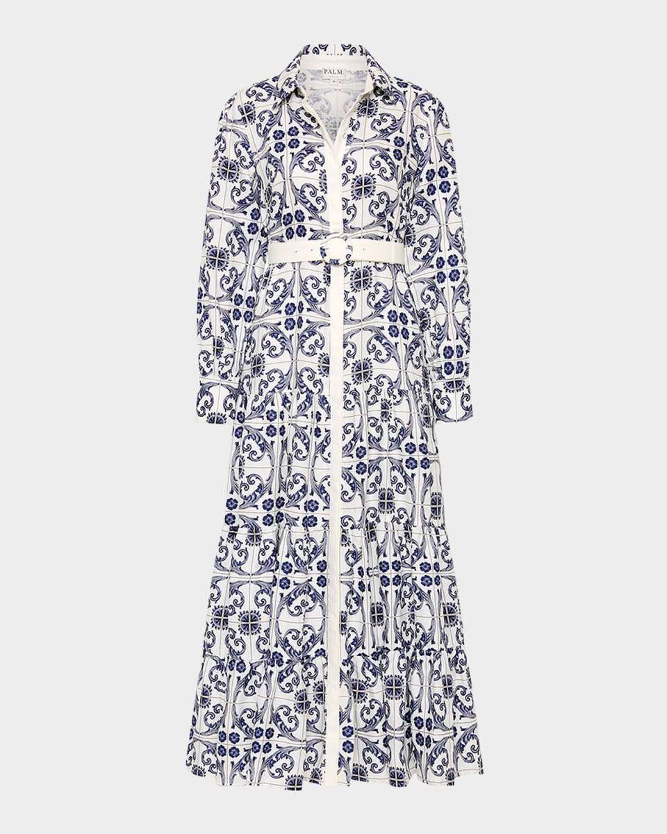 Aria Tiered Tile-Print Maxi Shirtdress